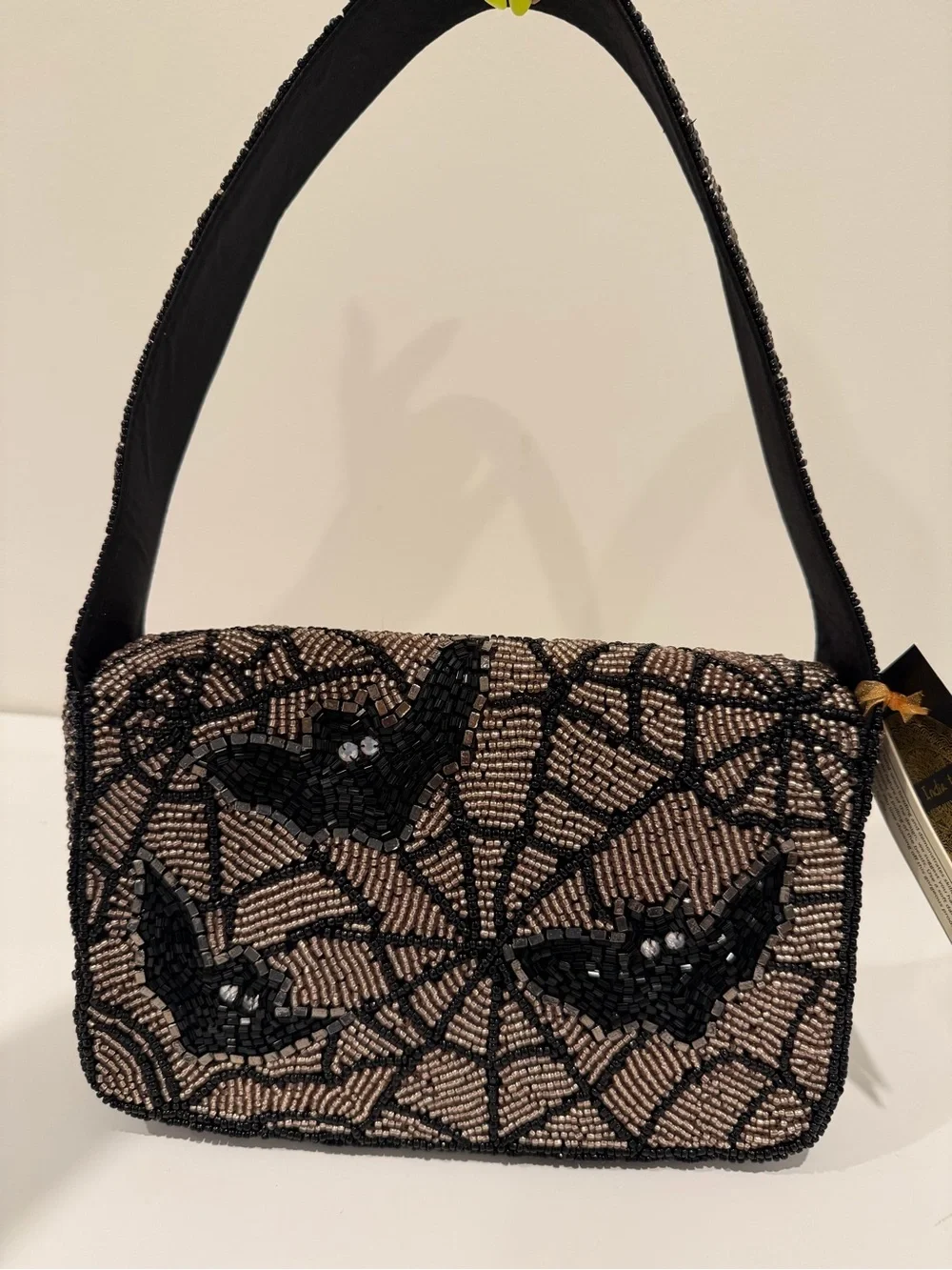 Beaded Bat Motif Shoulder Bag in Black and Champagne